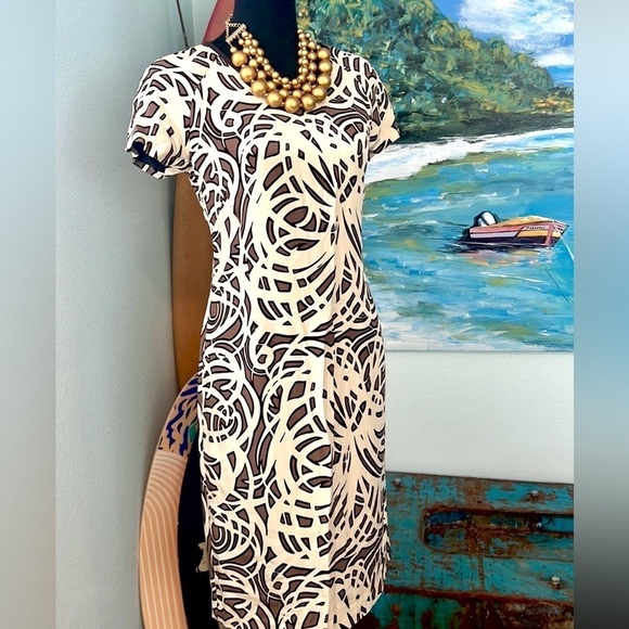 Jaeger, 100% Silk Brown & Ivory Abstract Sheath Dress – Excellent Cond., Size 6 - Picture 8 of 11